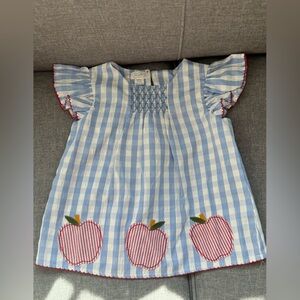 Mudpie Blue and White Checked Smocked Top with Apple Applique-2T-3T